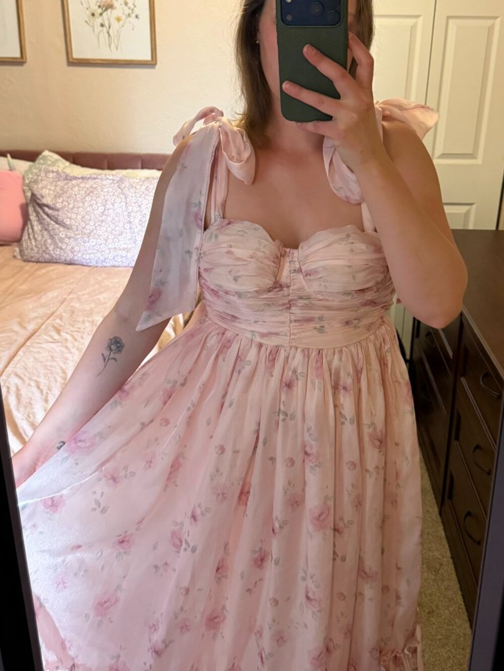 Mable Pink Floral Print Tiered Midi Tea Wedding Spring Dress Medium